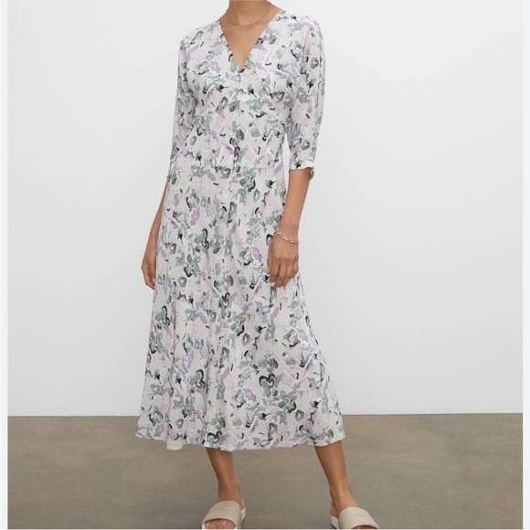 Club Monaco Drape Sleeve Midi Dress Abstract Floral Purple Gray Black Sz 12 - Picture 1 of 15